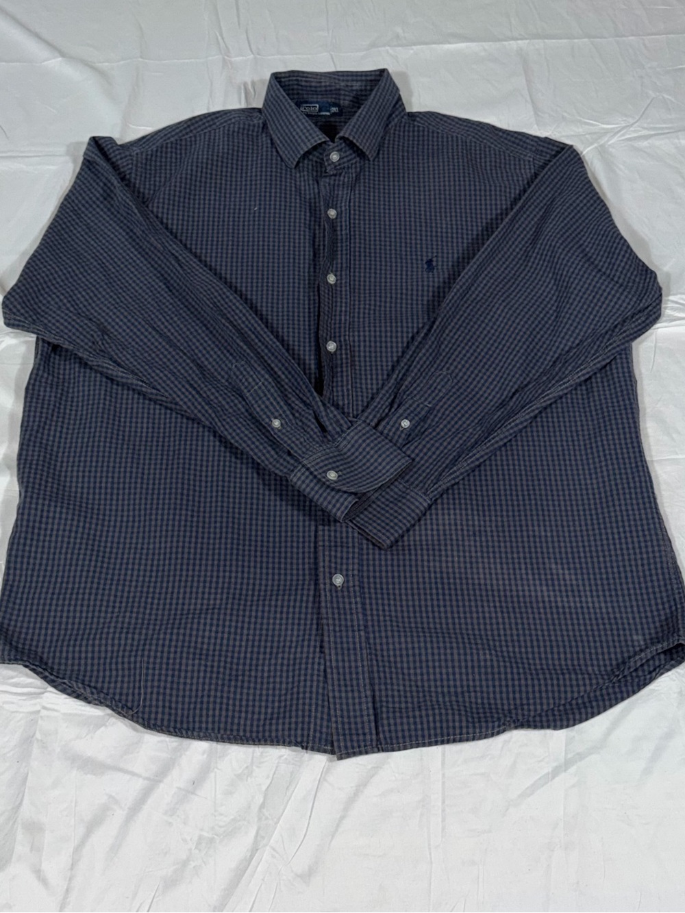Polo Ralph Lauren Gingham Check Shirt Mens 2XL Navy Blue Tan Button Down B44